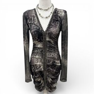 V&K Studio Black and Gray Snake Print V-Neck Studded & Ruched Dress